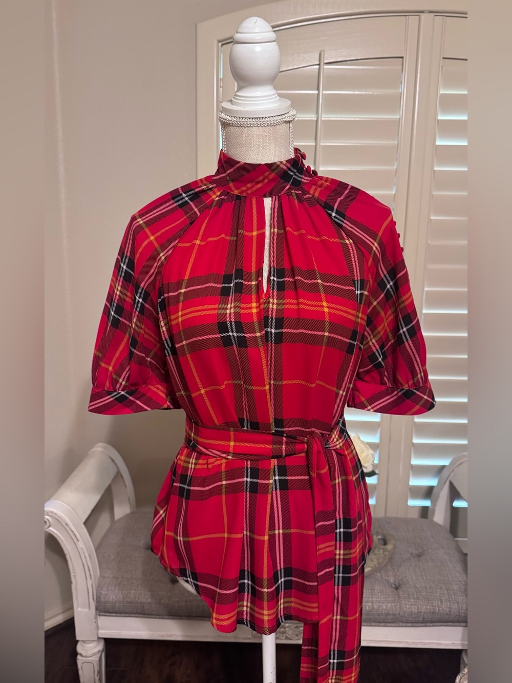 New York and Company Plaid High-Neck Red Top